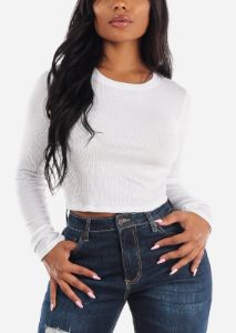 White Crewneck Long Sleeve Crop Top sold by Moda