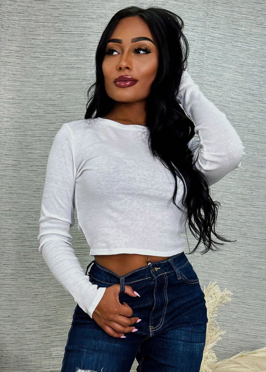 White Crewneck Long Sleeve Crop Top sold by Moda