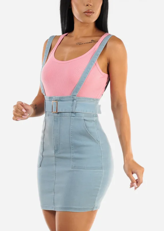High Waisted Denim Skirt Light Wash w Suspenders sold by Moda
