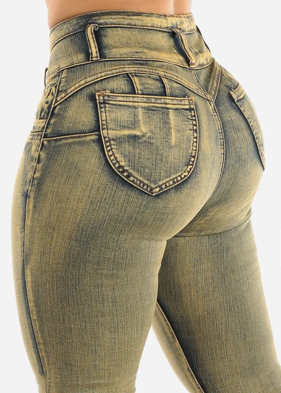 Super High Waisted Butt Lifting Skinny Jeans Lime Sand Wash sold by Moda