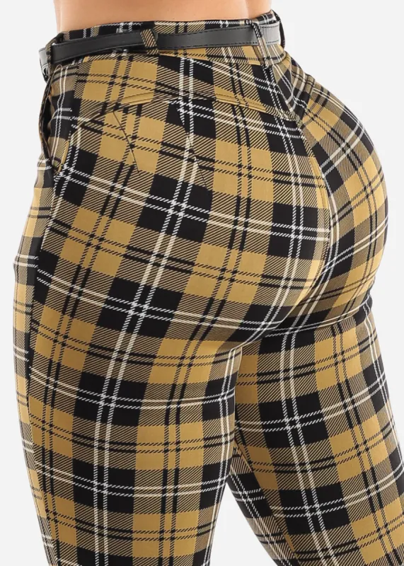 High Waist Butt Lift Mustard Plaid Skinny Pants w Belt sold by Moda