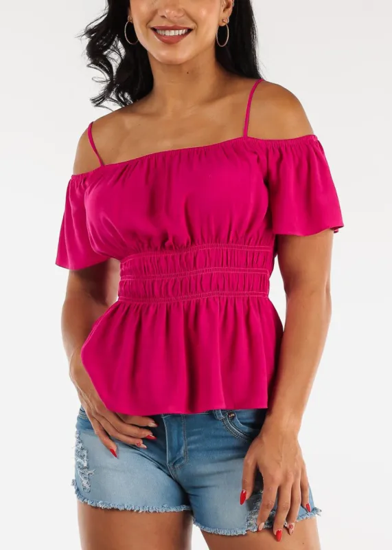 Cold Shoulder Smocked Waist Woven Top Magenta sold by Moda