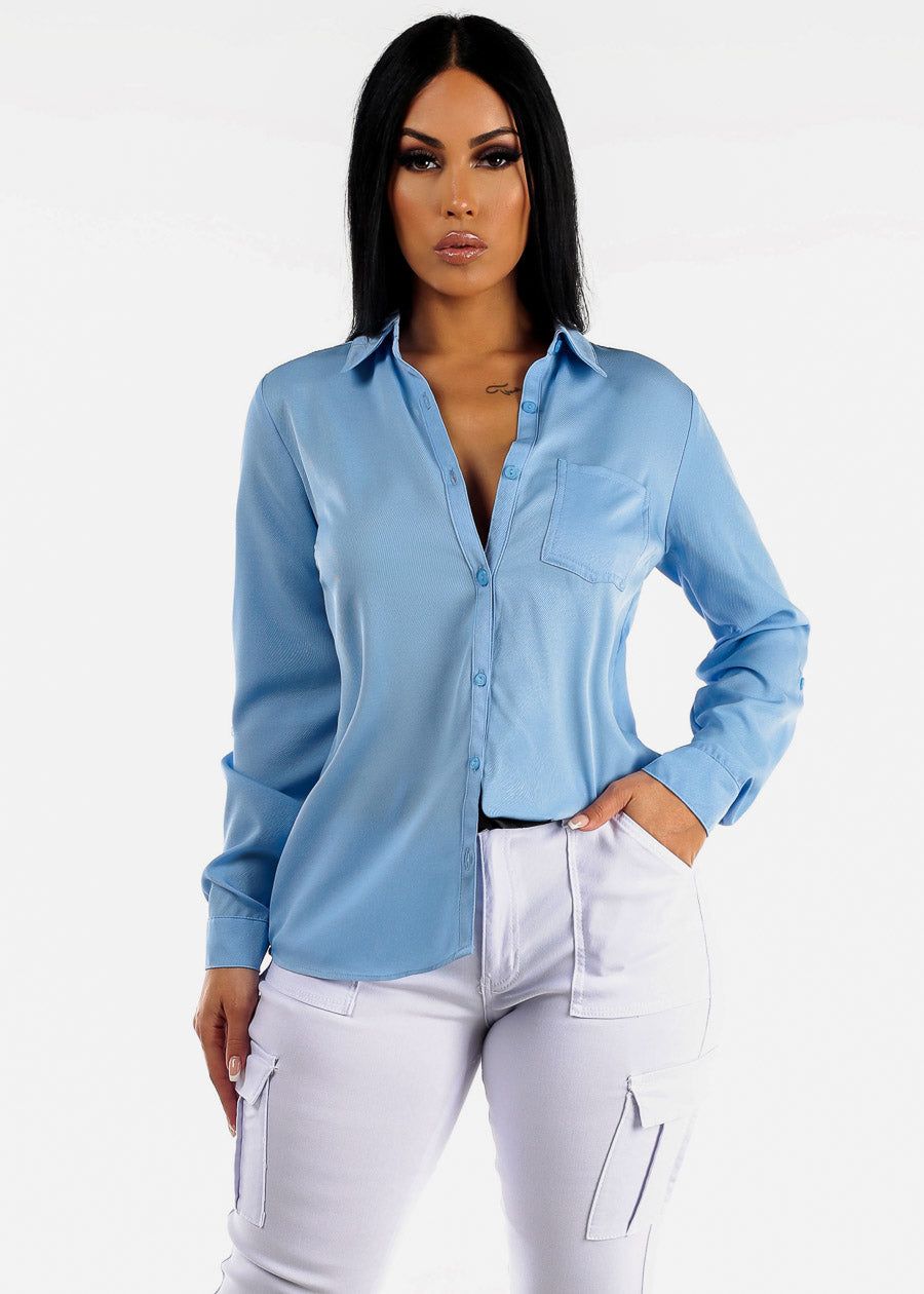 Twill Button Down Collared Blouse Light Blue sold by Moda