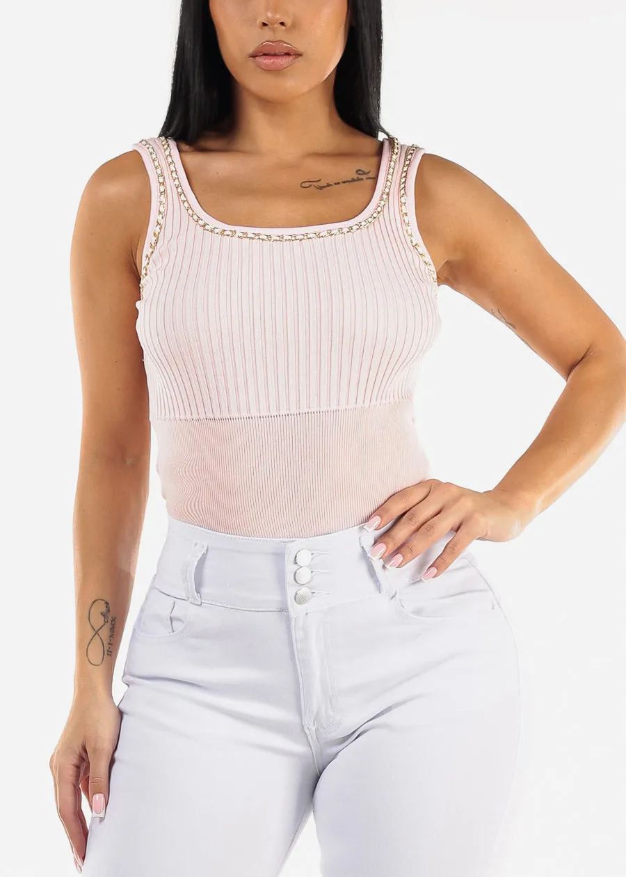 Sleeveless Rib Knit Top Pink w Chain Detail sold by Moda