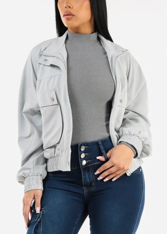 Long Sleeve Zip Up Utility Bomber Jacket Silver sold by Moda