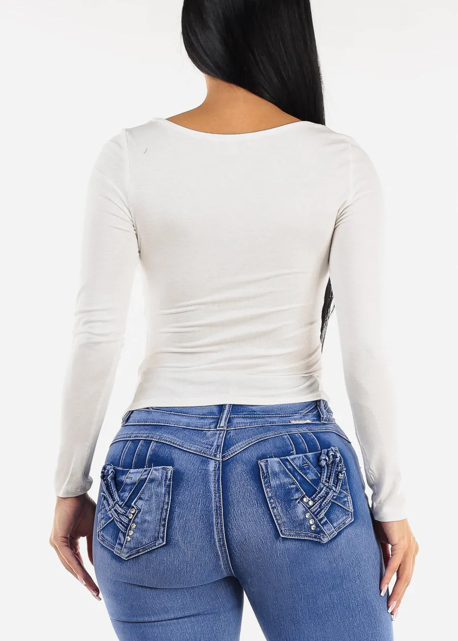 Long Sleeve Vneck White Top w Ruched Sides sold by Moda product image thumbnail 4