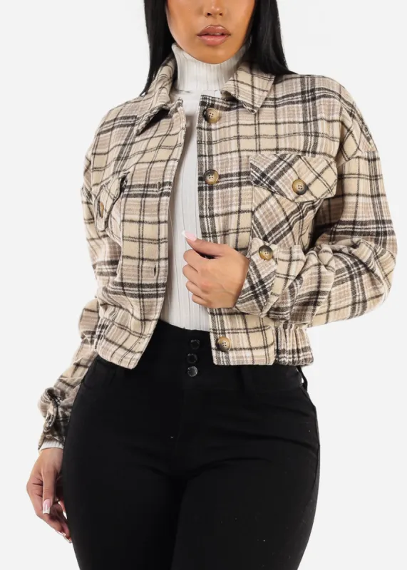 Long Sleeve Plaid Button Down Crop Jacket sold by Moda