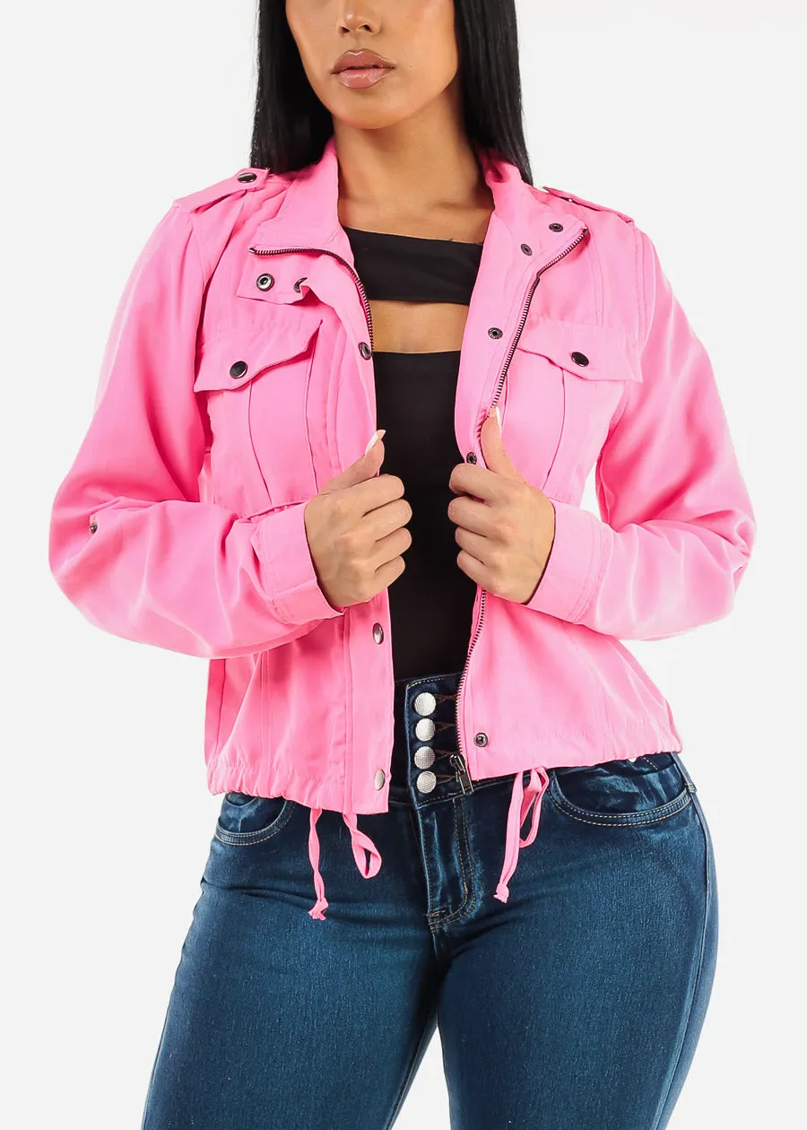 Zip Up Drawstring Waist Jacket Neon Pink sold by Moda