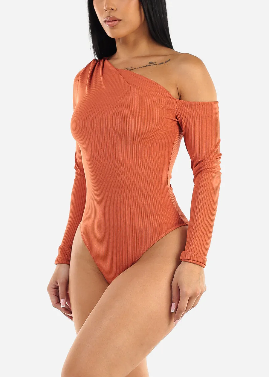 Long Sleeve Asymmetrical Neck Bodysuit Rust sold by Moda