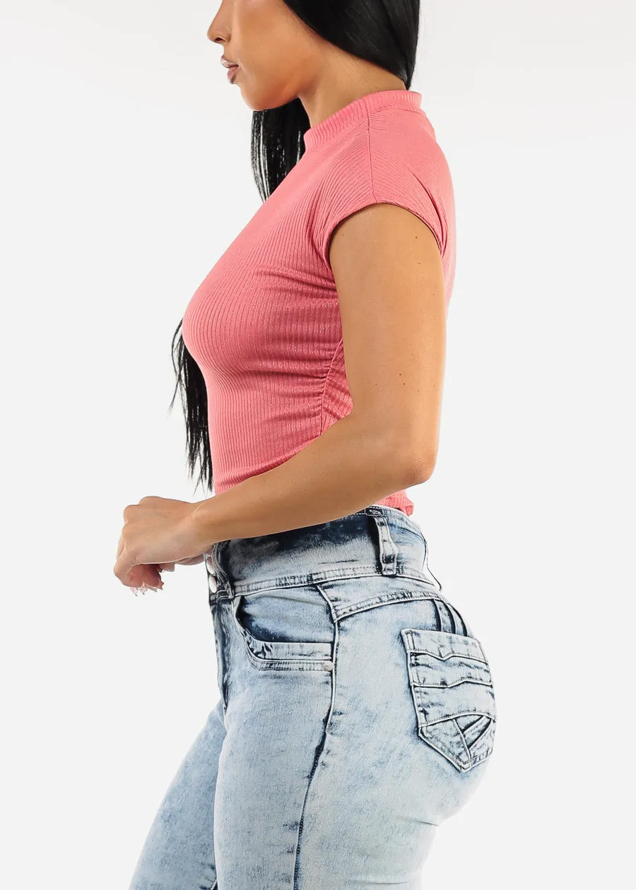 Short Sleeve Mock Neck Glittery Crop Top Pink sold by Moda product image thumbnail 3