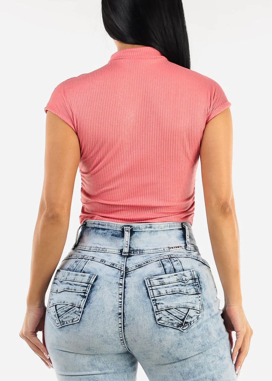 Short Sleeve Mock Neck Glittery Crop Top Pink sold by Moda product image thumbnail 4
