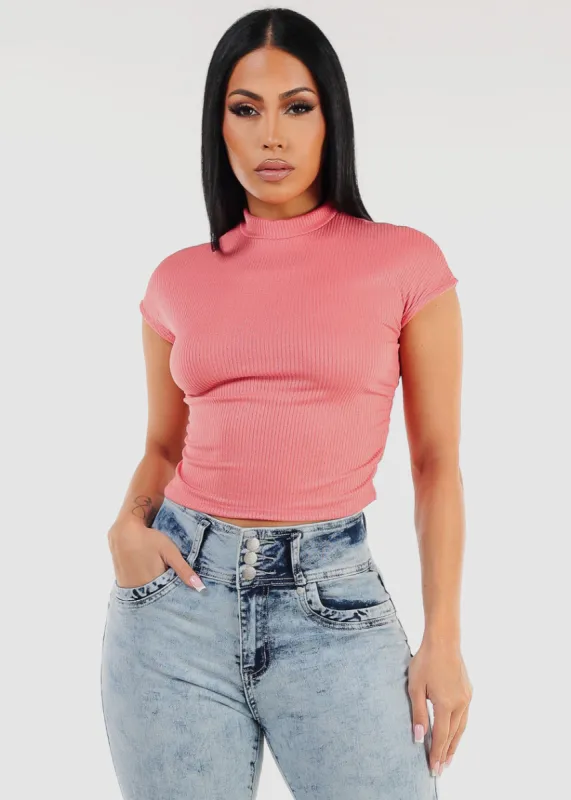 Short Sleeve Mock Neck Glittery Crop Top Pink sold by Moda