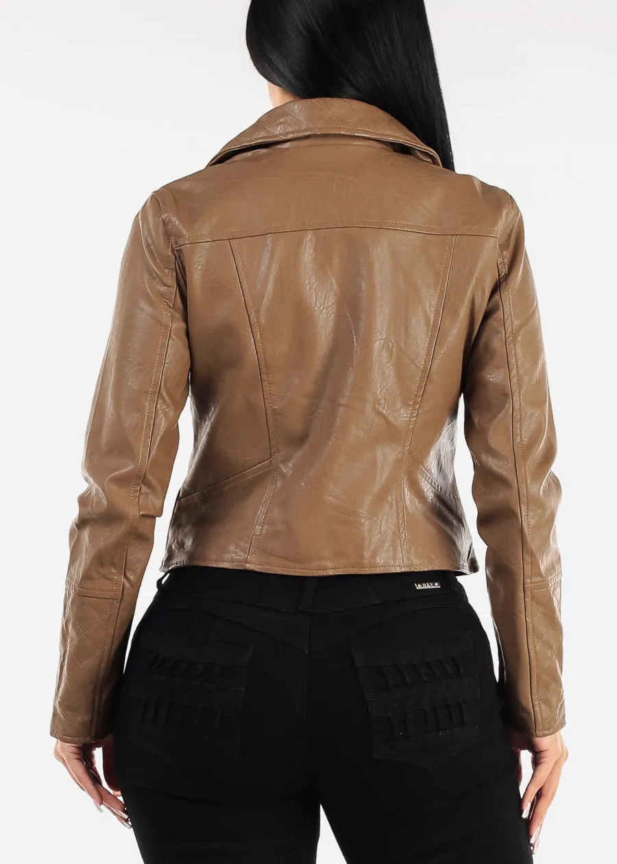 Vegan Leather Zip Up Moto Jacket Brown sold by Moda product image thumbnail 4