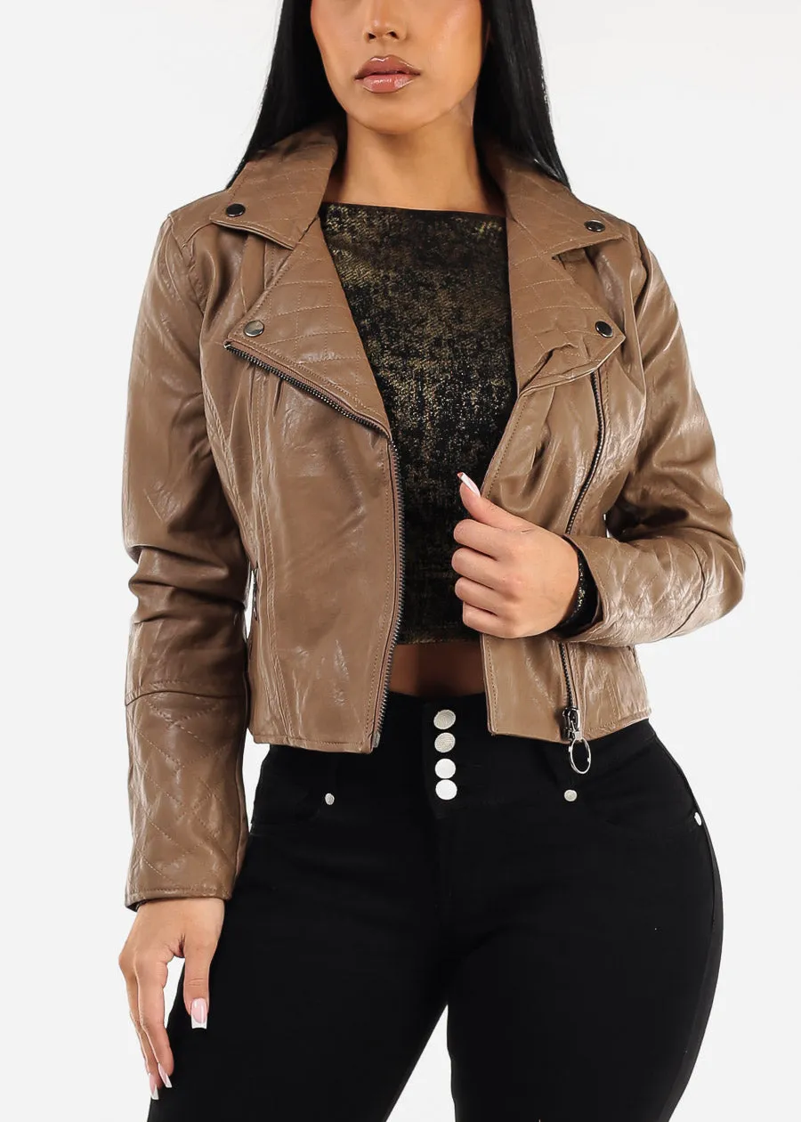 Vegan Leather Zip Up Moto Jacket Brown sold by Moda