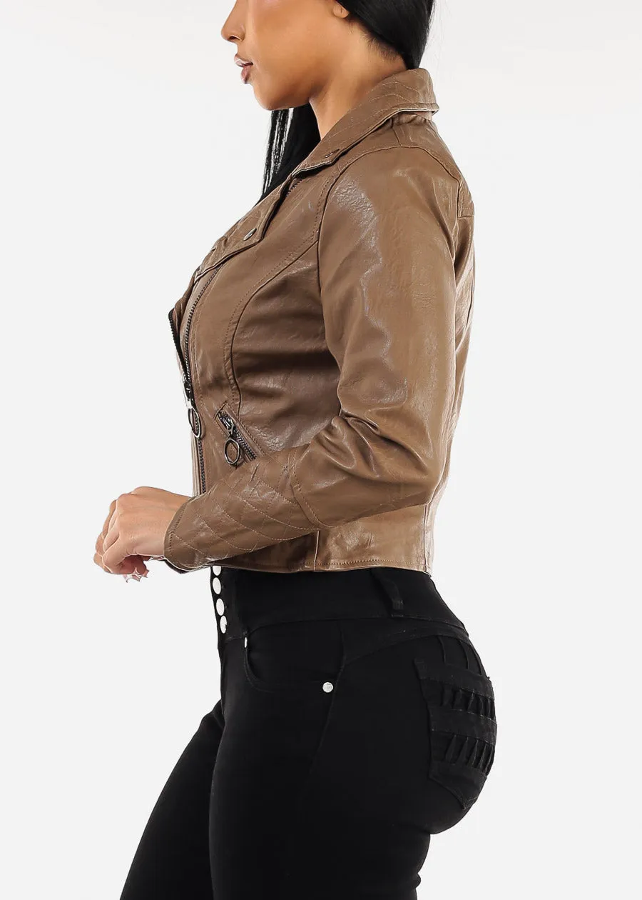 Vegan Leather Zip Up Moto Jacket Brown sold by Moda product image thumbnail 3