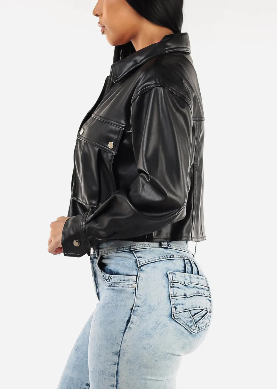 Long Sleeve Vegan Leather Black Cropped Jacket sold by Moda product image thumbnail 3