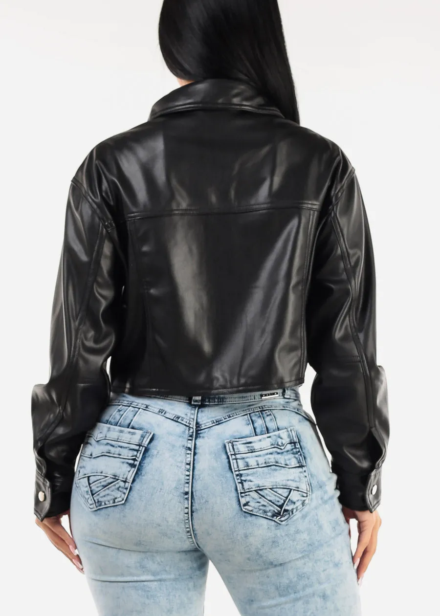 Long Sleeve Vegan Leather Black Cropped Jacket sold by Moda product image thumbnail 4
