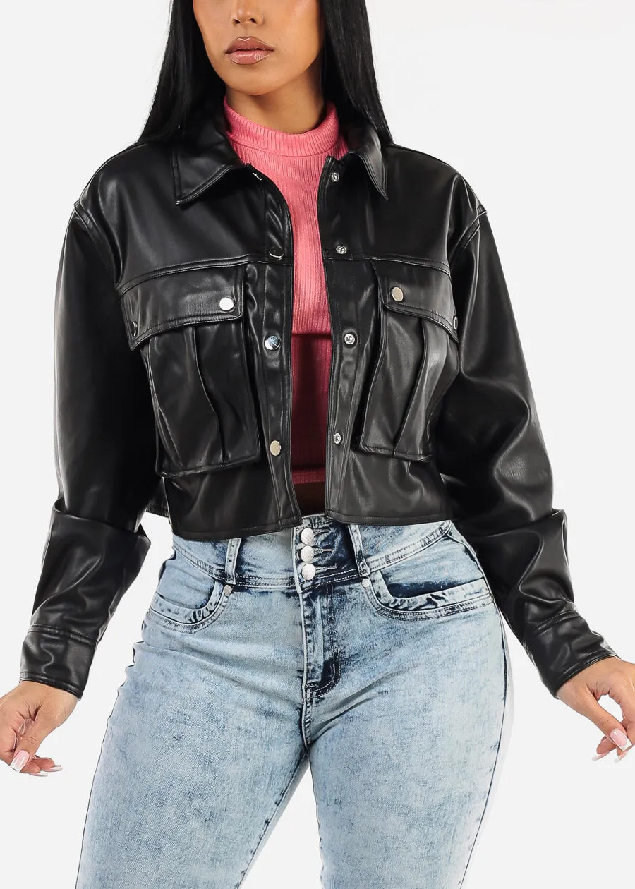 Long Sleeve Vegan Leather Black Cropped Jacket sold by Moda