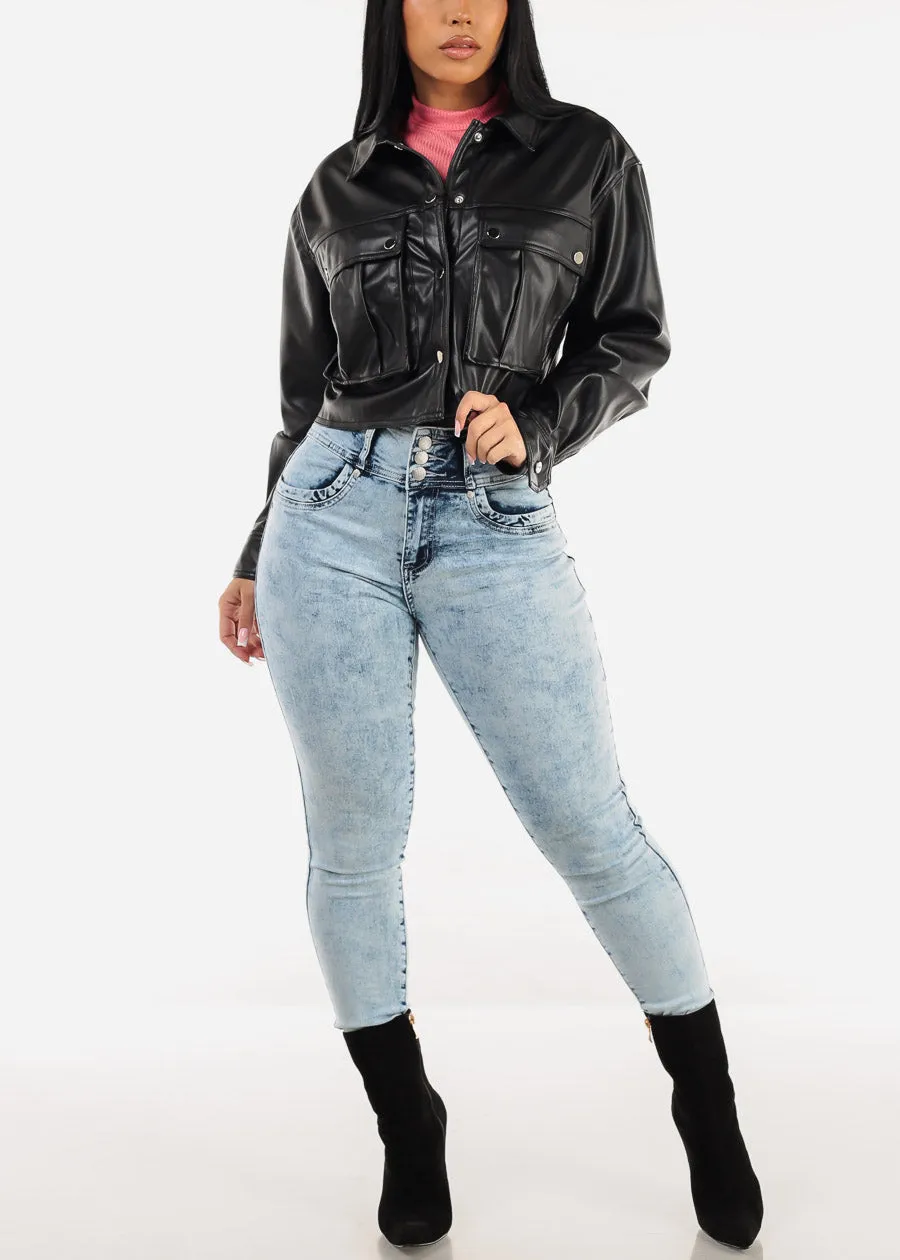 Long Sleeve Vegan Leather Black Cropped Jacket sold by Moda product image thumbnail 2