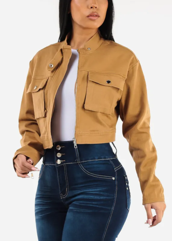 Long Sleeve Cropped Denim Jacket Khaki sold by Moda