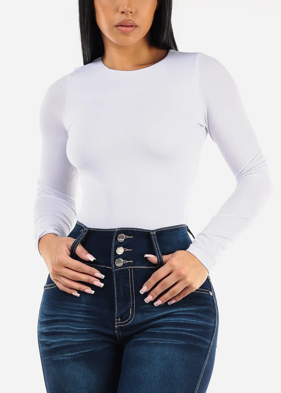 Long Sleeve Crewneck Double Layered Ribbed Top White sold by Moda