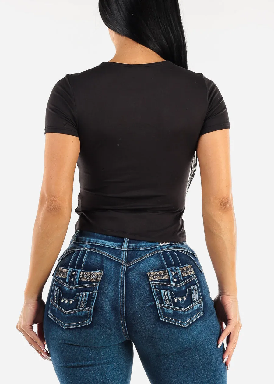 Short Sleeve Cut Out Double Layered Black Crop Top sold by Moda product image thumbnail 4