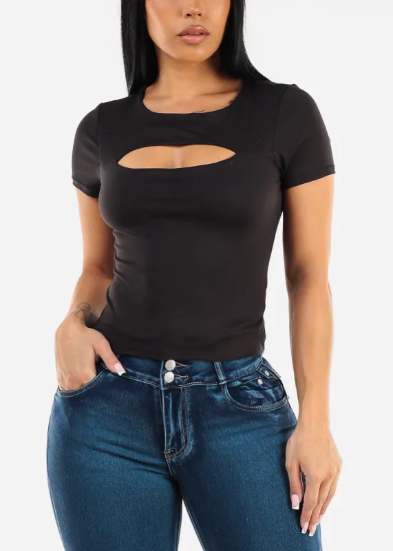 Short Sleeve Cut Out Double Layered Black Crop Top sold by Moda