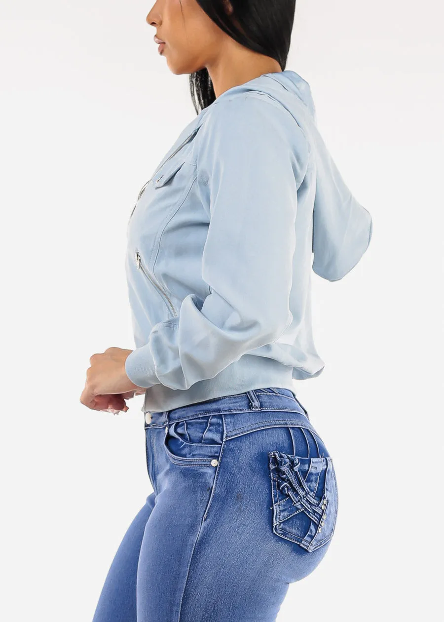 Zip Up Bomber Hooded Jacket Light Blue sold by Moda product image thumbnail 3