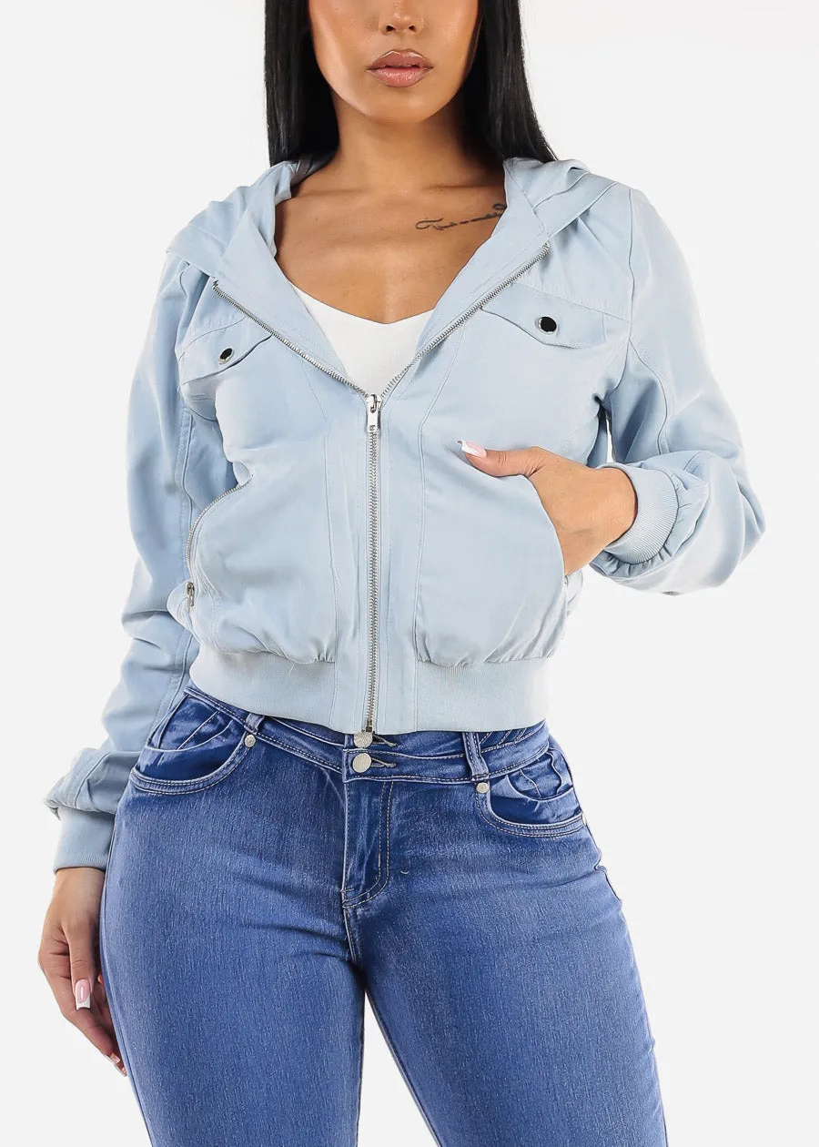 Zip Up Bomber Hooded Jacket Light Blue sold by Moda