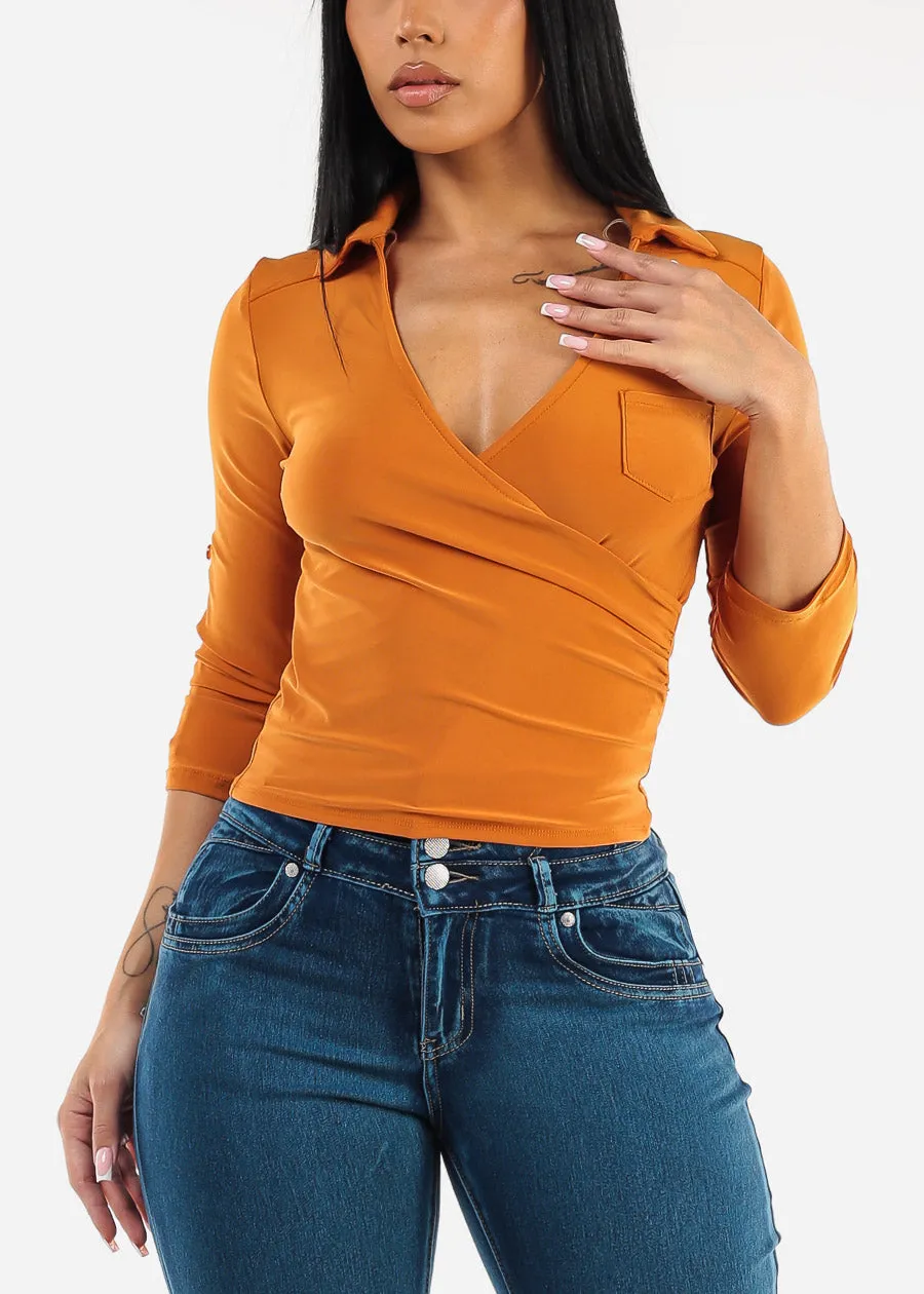 Quarter Sleeve Surplice Blouse Orange sold by Moda