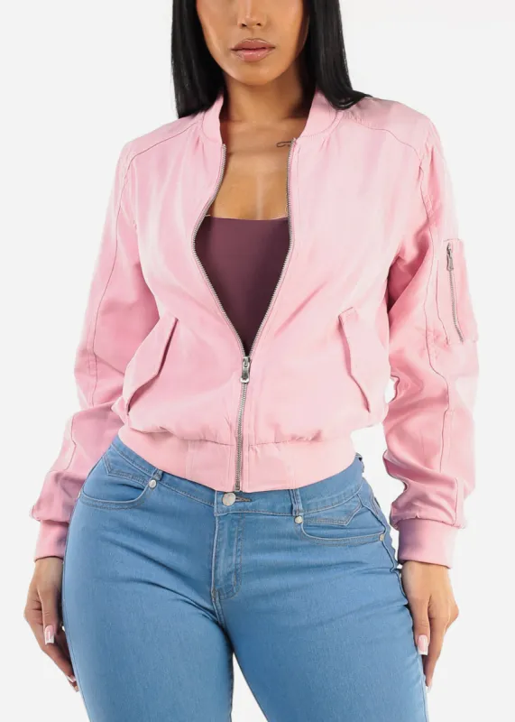 Long Sleeve Zip Up Bomber Jacket Light Pink sold by Moda