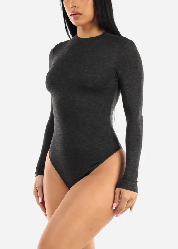 Long Sleeve Crewneck Thong Bodysuit Charcoal sold by Moda