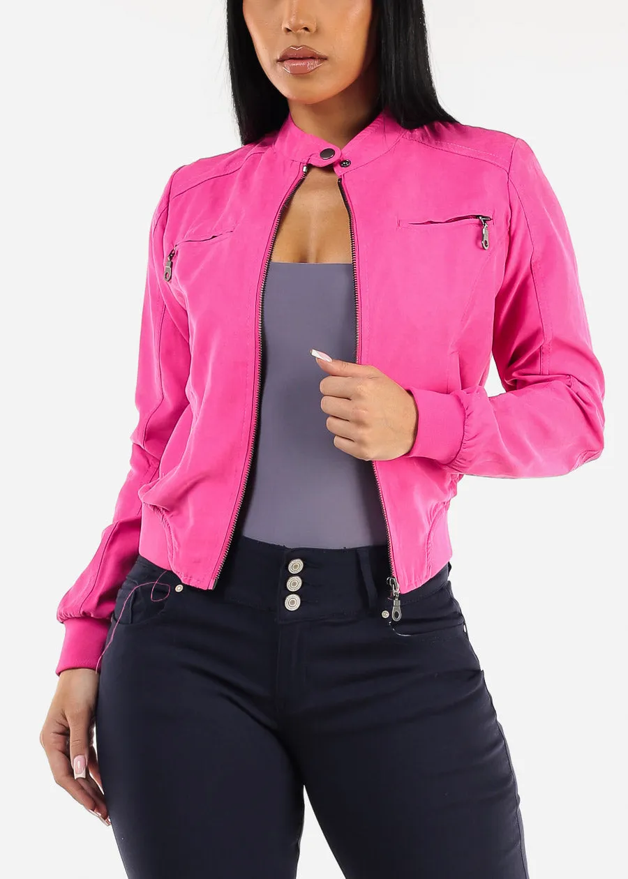 Long Sleeve Zip Up Jacket Magenta w Ribbed Hem sold by Moda