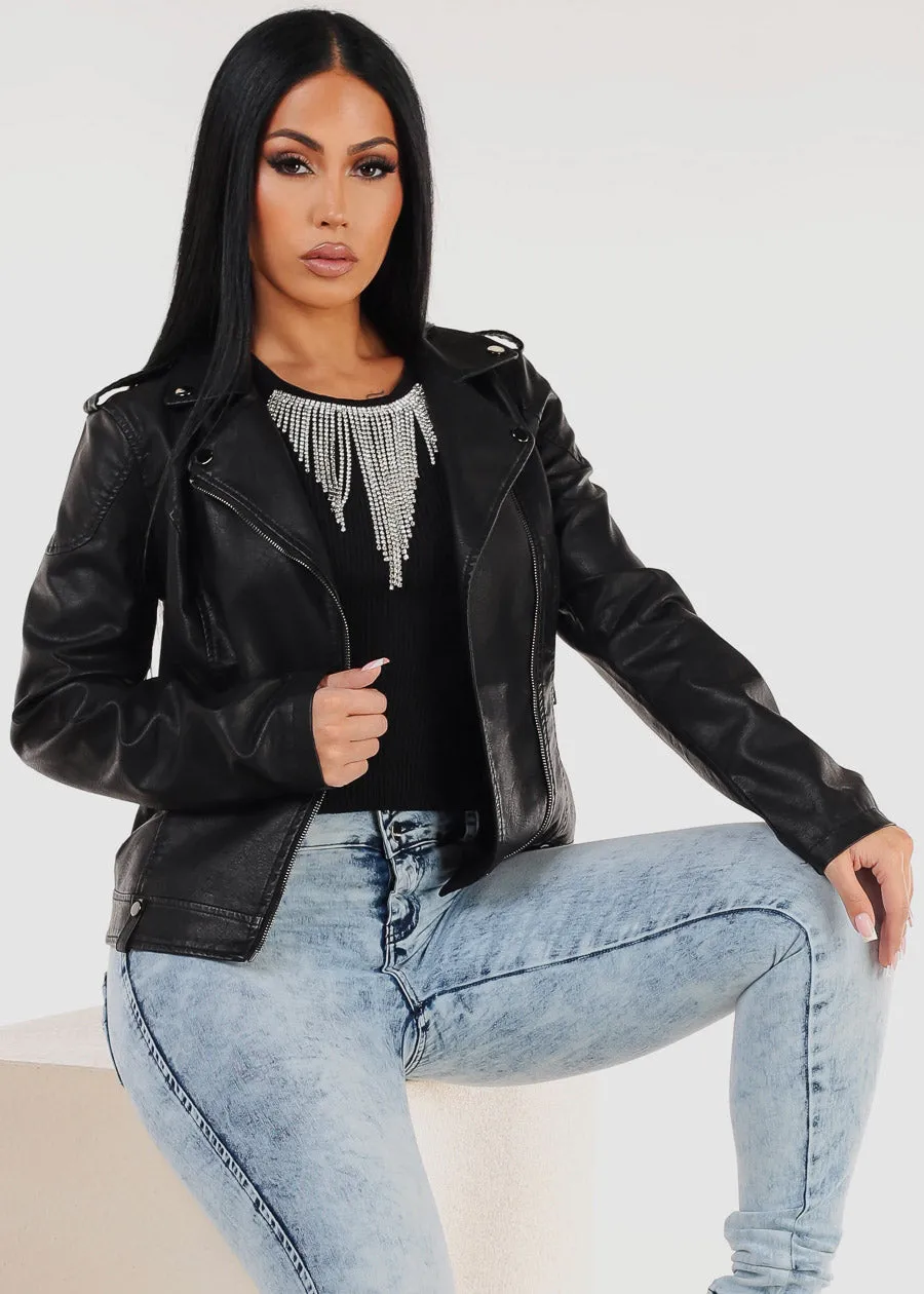 Long Sleeve Vegan Leather Biker Jacket Black sold by Moda