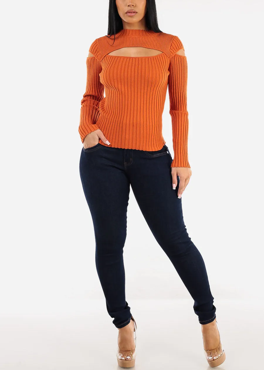 Mock Neck Stretchy Knit Cut Out Light Sweater Orange sold by Moda product image thumbnail 4