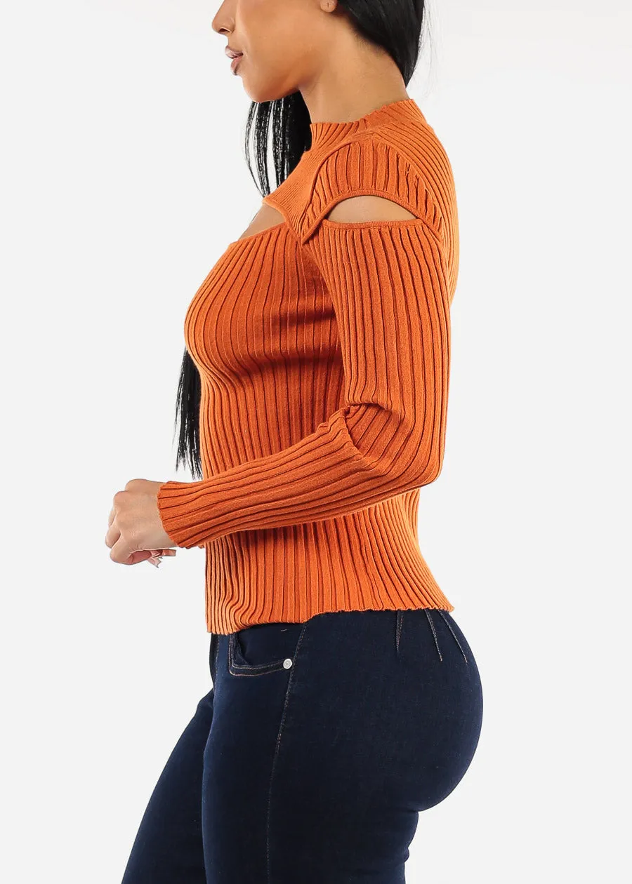 Mock Neck Stretchy Knit Cut Out Light Sweater Orange sold by Moda product image thumbnail 5