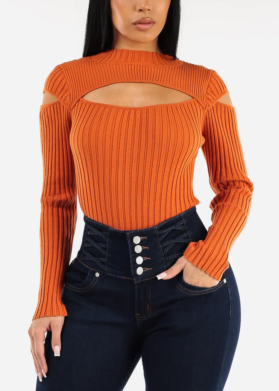 Mock Neck Stretchy Knit Cut Out Light Sweater Orange sold by Moda product image thumbnail 3