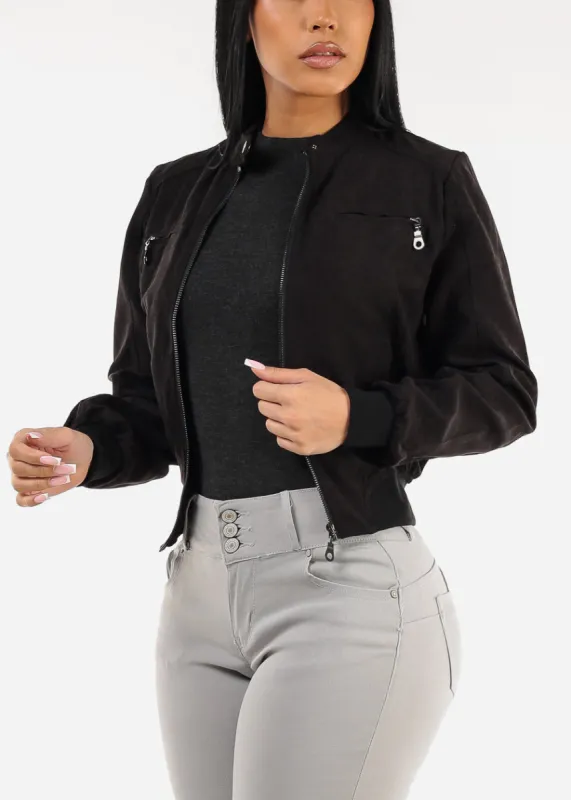 Long Sleeve Zip Up Black Jacket w Ribbed Hem sold by Moda