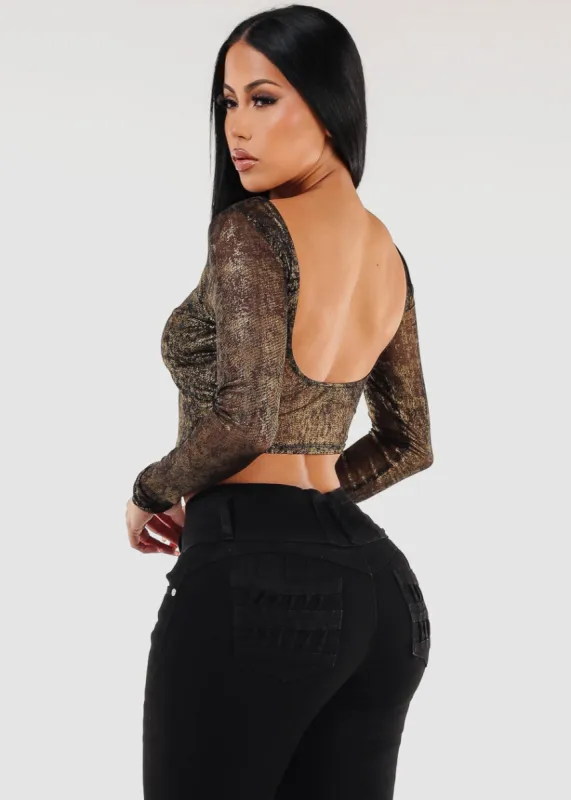 Long Sleeve Foil Mesh Black Crop Top sold by Moda