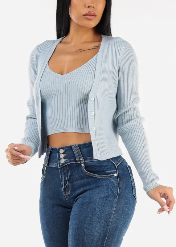 Sleeveless Crop Top & Cardigan Sweater Blue (2 PCE SET) sold by Moda
