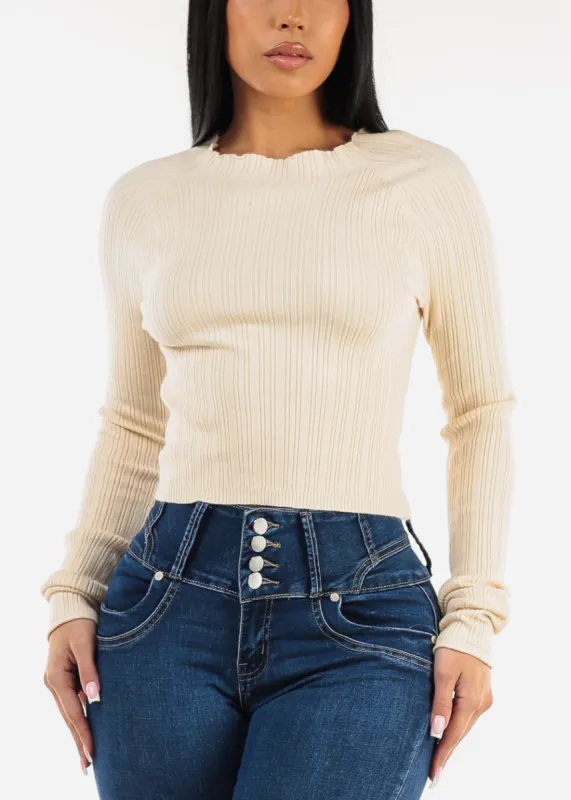 Wide Neck Lightweight Sweater Top Cream sold by Moda