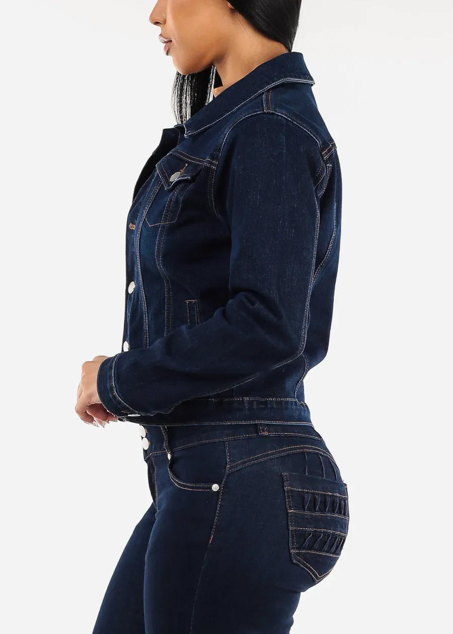 Long Sleeve Button Up Denim Jacket Dark Blue sold by Moda product image thumbnail 3