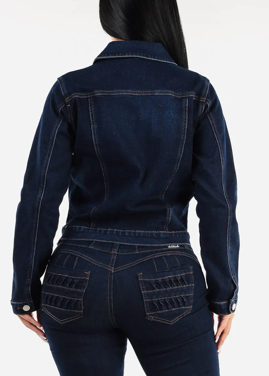Long Sleeve Button Up Denim Jacket Dark Blue sold by Moda product image thumbnail 4