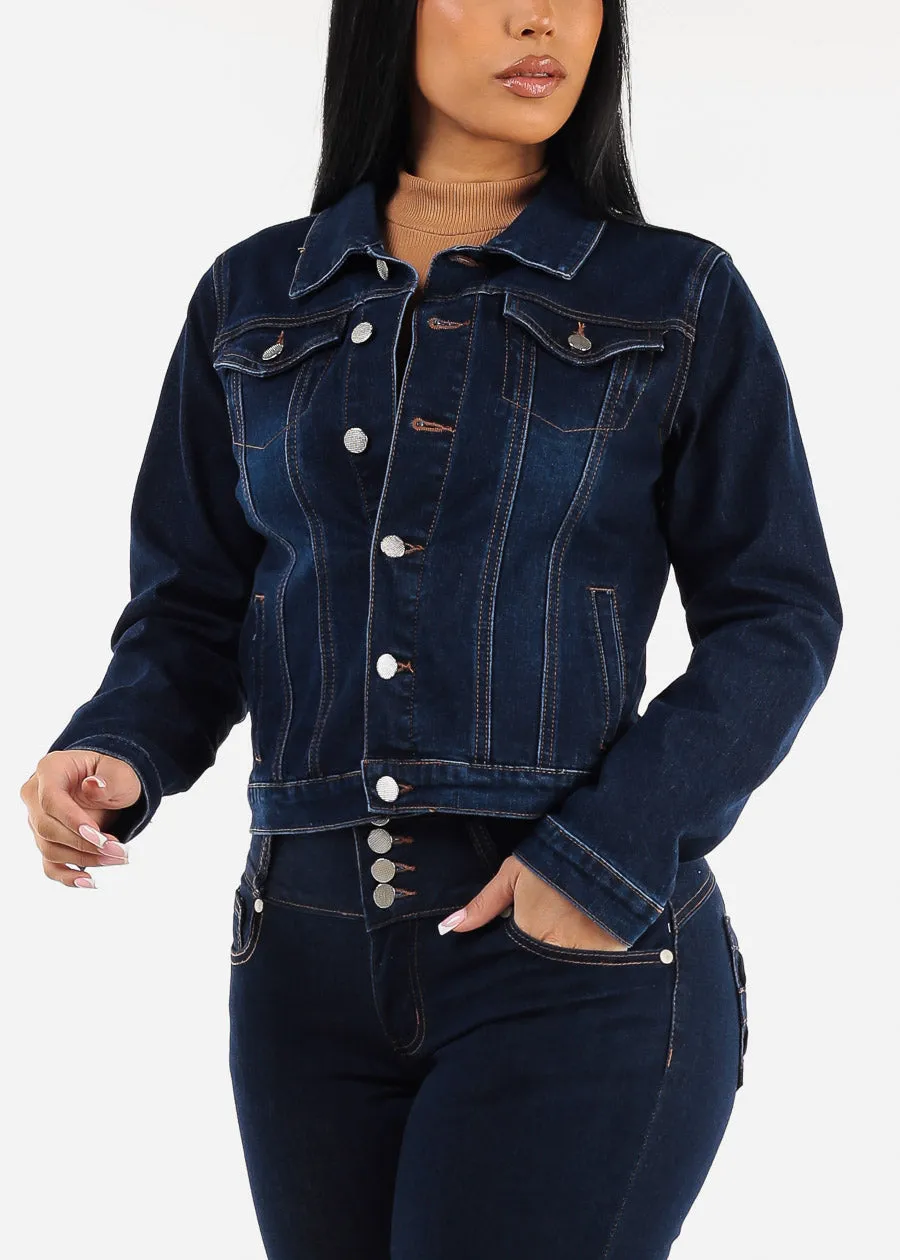 Long Sleeve Button Up Denim Jacket Dark Blue sold by Moda product image thumbnail 5