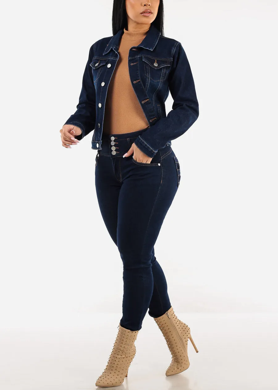 Long Sleeve Button Up Denim Jacket Dark Blue sold by Moda product image thumbnail 2
