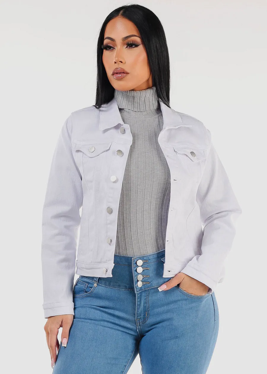 Long Sleeve Button Up Denim Jacket White sold by Moda