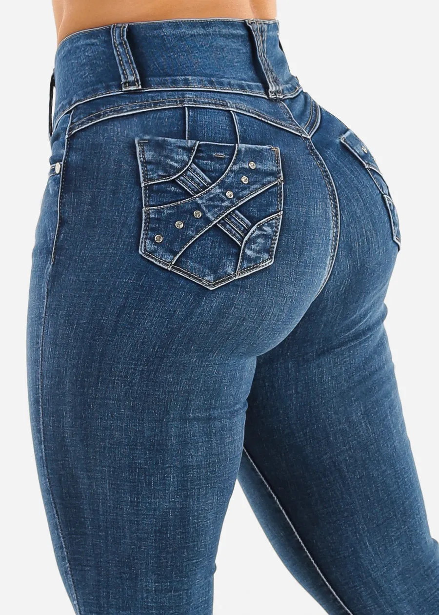 Butt Lift High Waisted Skinny Jeans Dark Bleach Wash sold by Moda