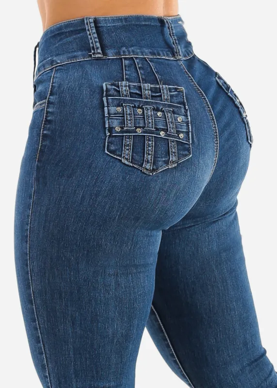 Butt Lift High Waist Skinny Jeans Dark Bleach Wash sold by Moda