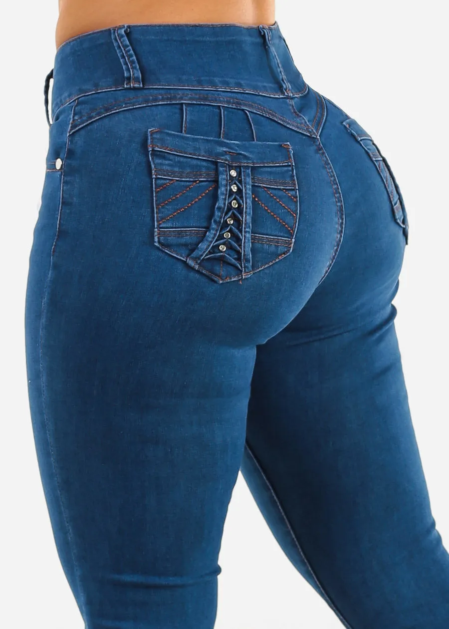 Butt Lift High Waist Skinny Jeans Indigo w Back Pocket Design sold by Moda
