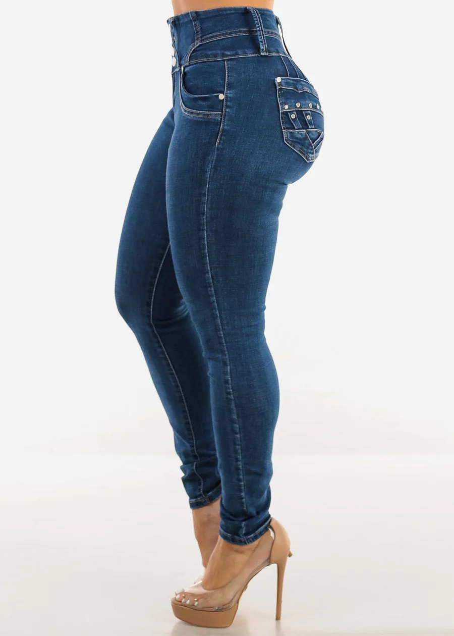 High Waist Butt Lift Skinny Jeans Dark Bleach Wash sold by Moda product image thumbnail 4
